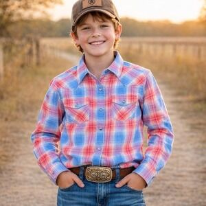 Ariat Youth Medium 10 Blue Pink Plaid Western Long Sleeve Pearl Snap Shirt